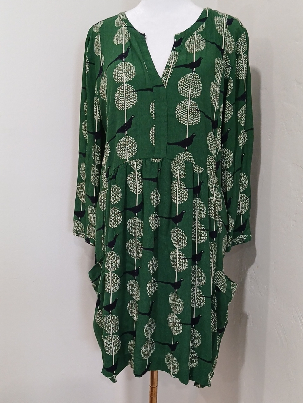 Maeve Green Printed Long-Sleeve Tunic Dress with Bird Motif